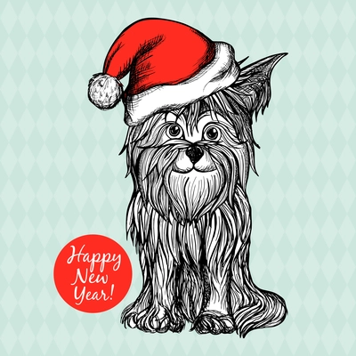 New year postcard with dog in red santa claus hat hand drawn vector illustration