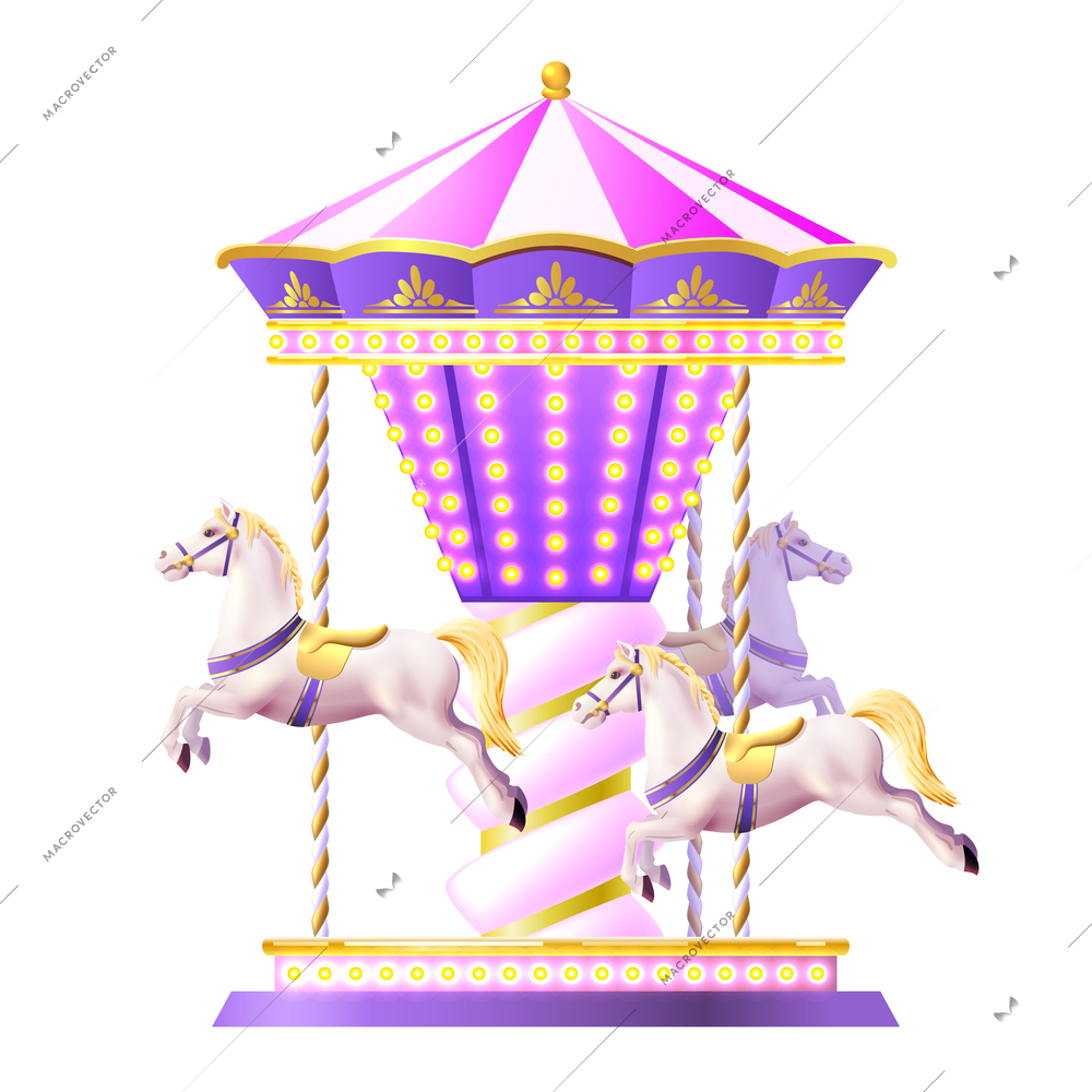 Retro merry-go-round carousel with realistic white toy horses and golden lights vector illustration