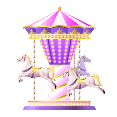 Retro merry-go-round carousel with realistic white toy horses and golden lights vector illustration