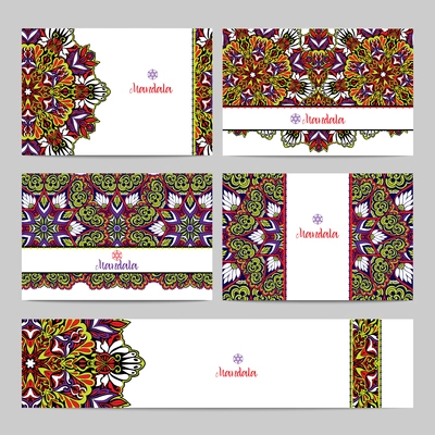 Decorative horizontal banner set with colored mandalas and fractals isolated vector illustration