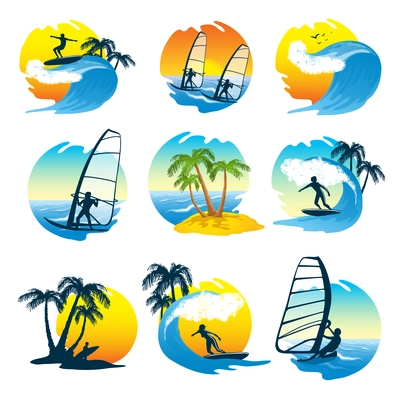 Surfing  icons set with sun  beach and people on the wave  isolated vector illustration