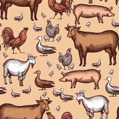 Farm seamless pattern with domestic animals hand drawn vector illustration