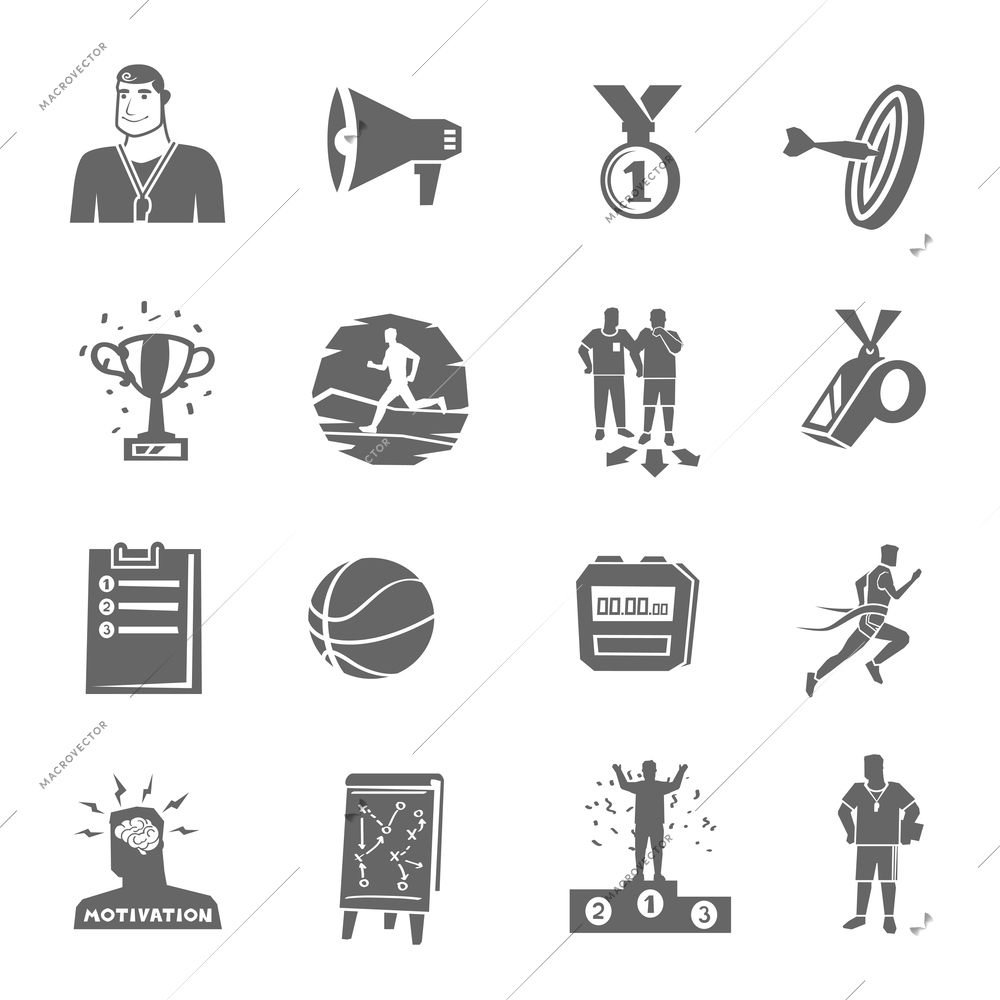 Coaching and sport black flat icons set isolated vector illustration