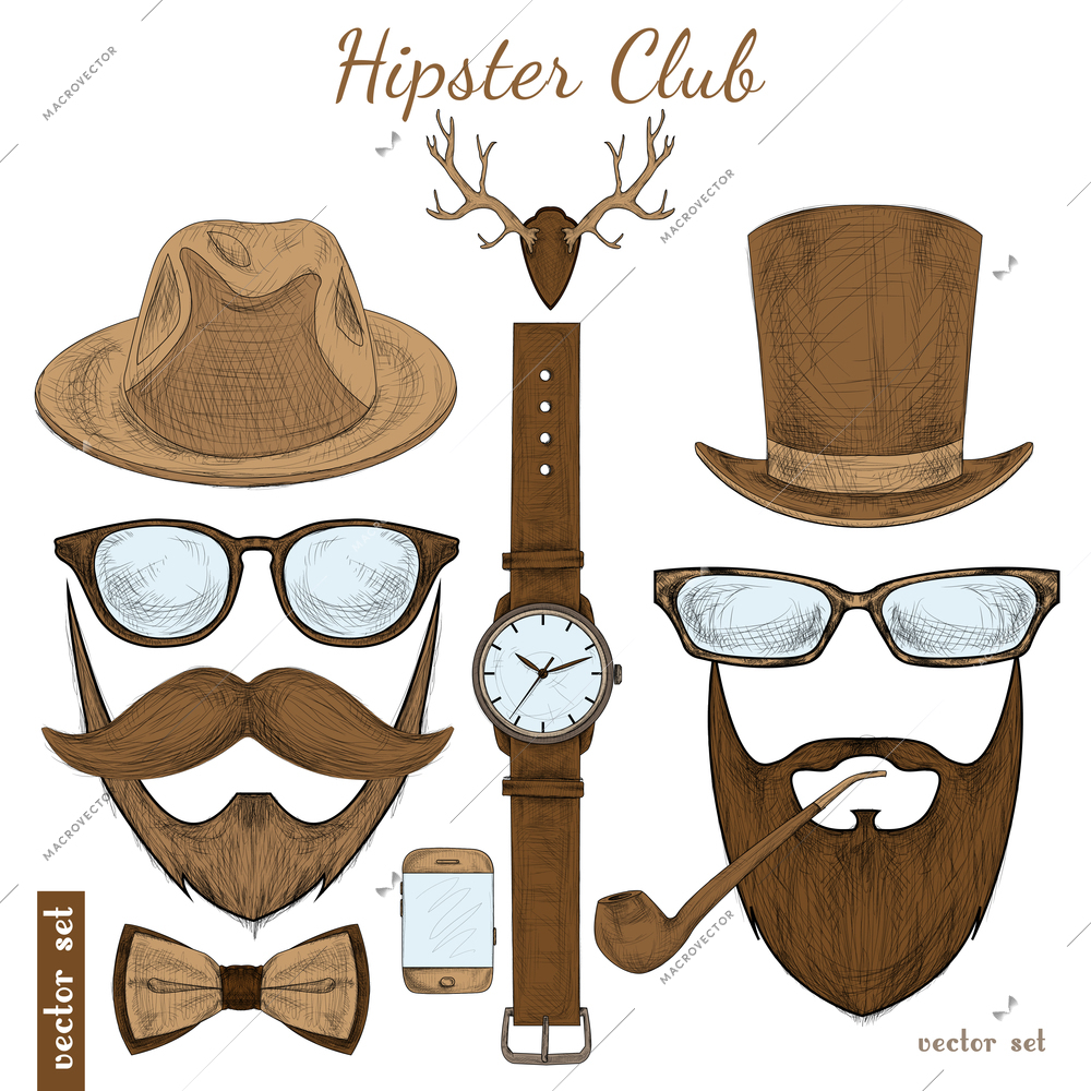 Vintage hipster club accessories set for gentleman of glasses hat tobacco pipe bow mustache and beard isolated sketch vector illustration