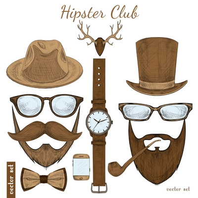 Vintage hipster club accessories set for gentleman of glasses hat tobacco pipe bow mustache and beard isolated sketch vector illustration