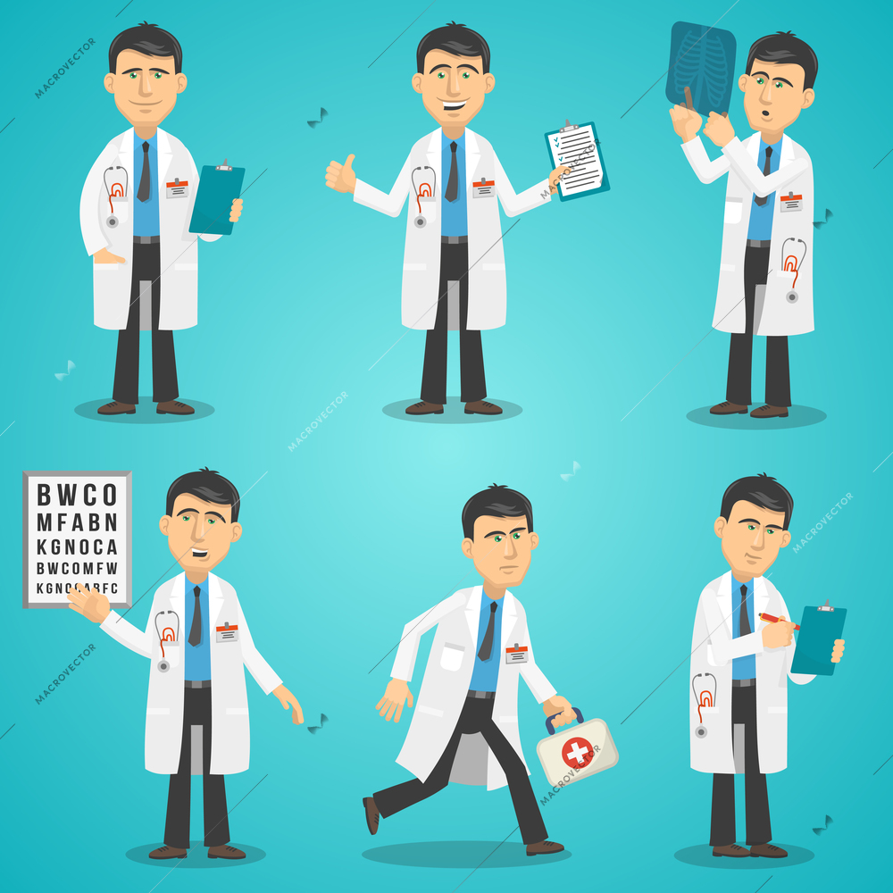 Male doctor character set with test results x-ray and first aid kit isolated vector illustration