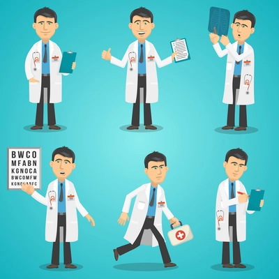 Male doctor character set with test results x-ray and first aid kit isolated vector illustration