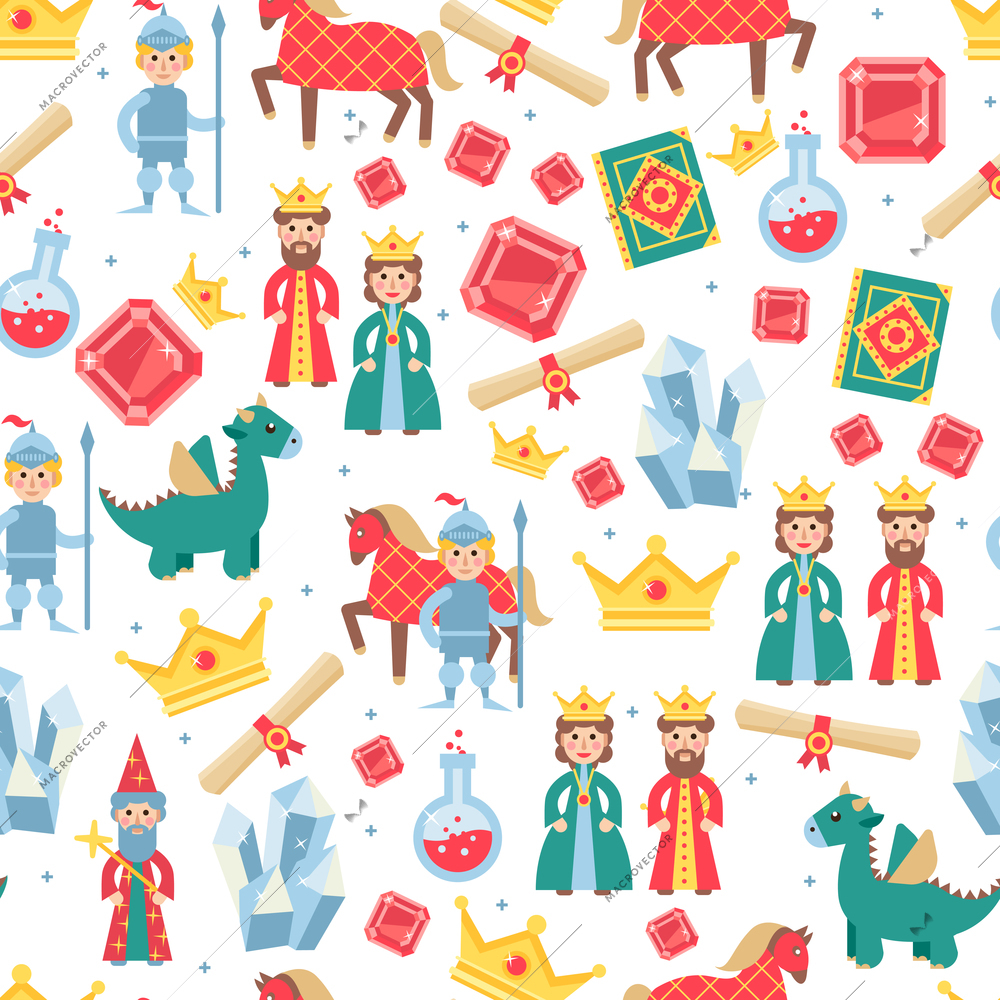 Fairytale seamless pattern with magic medieval games personages vector illustration