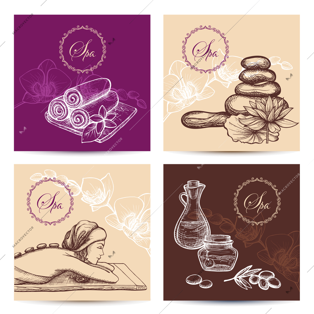 Spa cards set with hand drawn woman silhouette stones and aroma oils isolated vector illustration