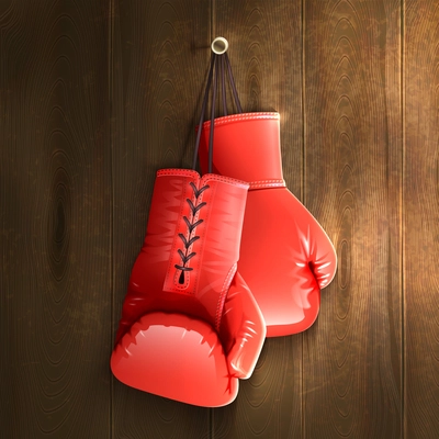 Red realistic boxing gloves hanging on wooden wall vector illustration