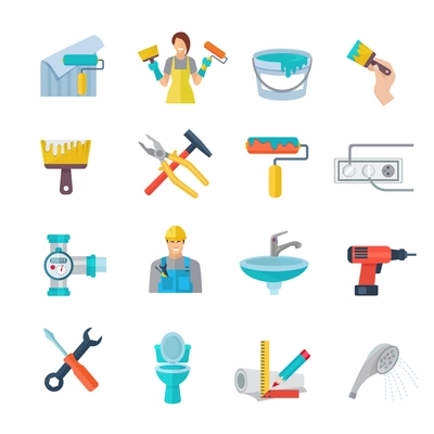 Home repair icons flat set with working instruments isolated vector illustration