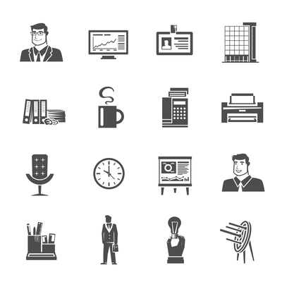 Office icons black set with laptop clipboard and documents isolated vector illustration