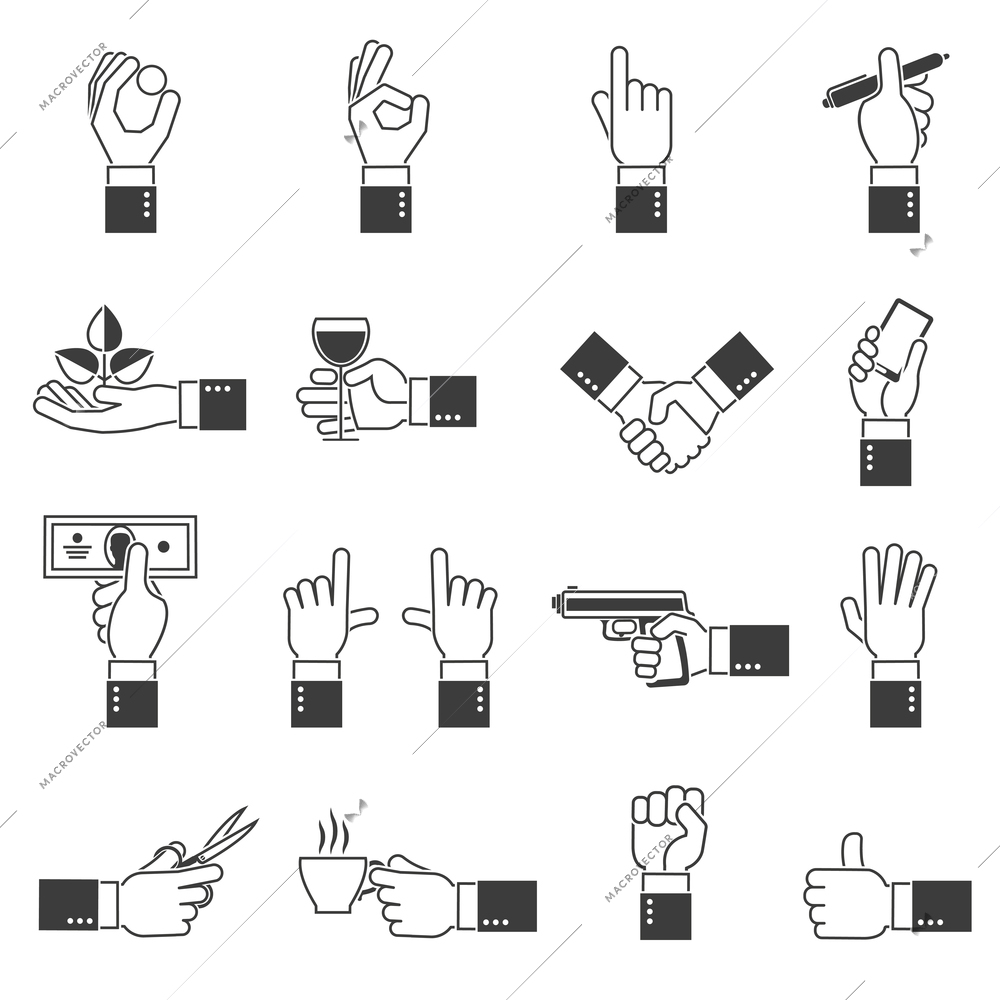 Business hands gestures icons black flat set isolated vector illustration