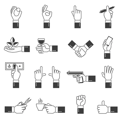 Business hands gestures icons black flat set isolated vector illustration