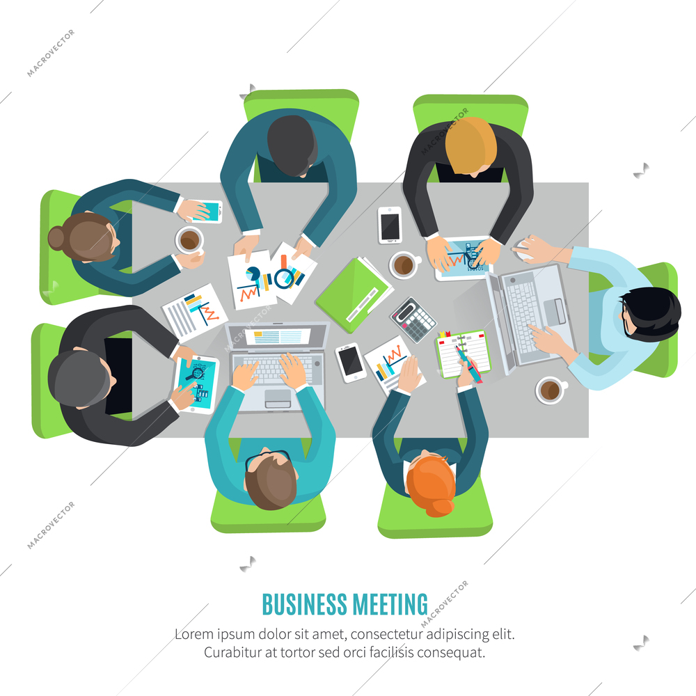 Business meeting and group discussion flat concept with men and women at squared office table vector illustration