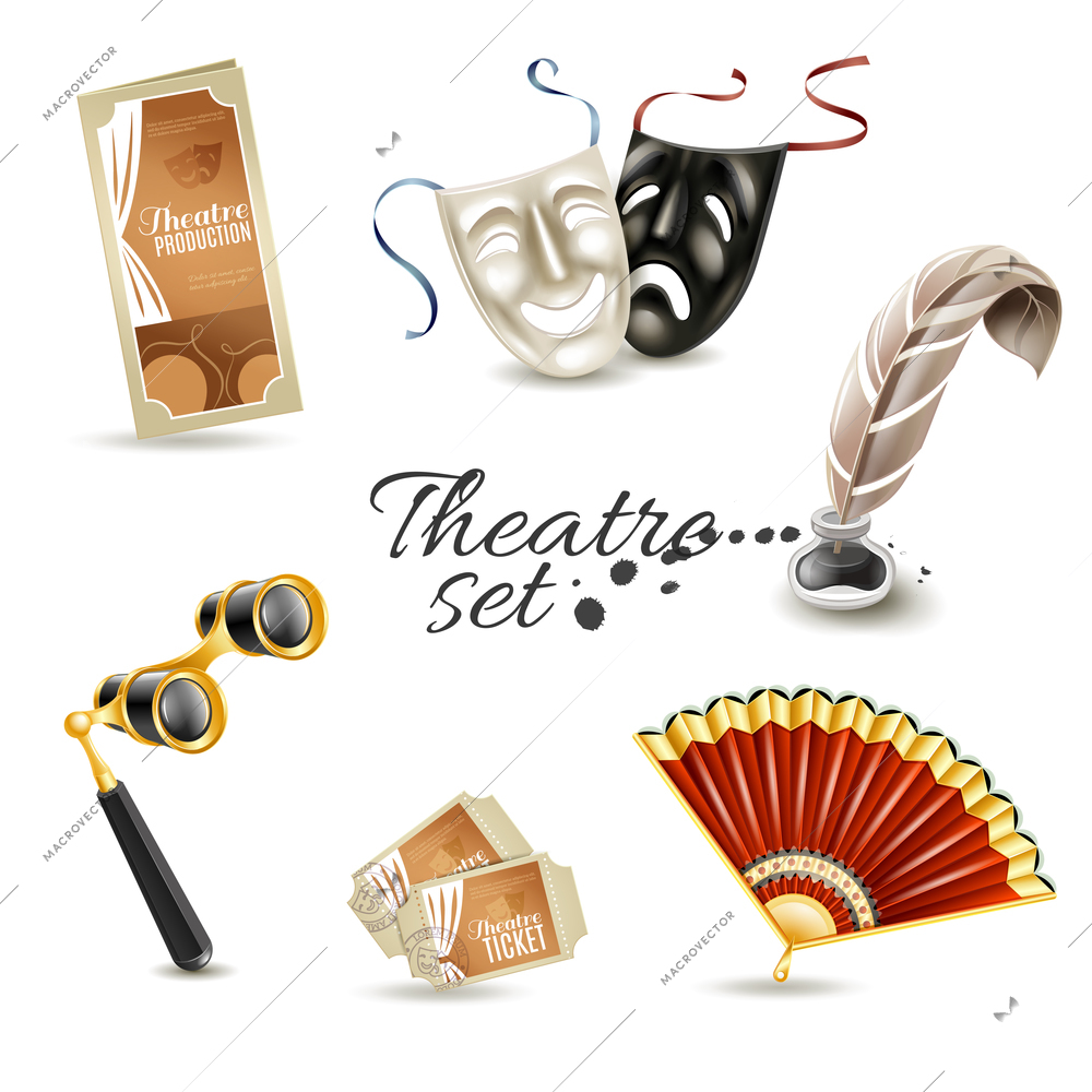 Theater production program with retro tickets and two face masks flat pictograms set abstract isolated vector illustration