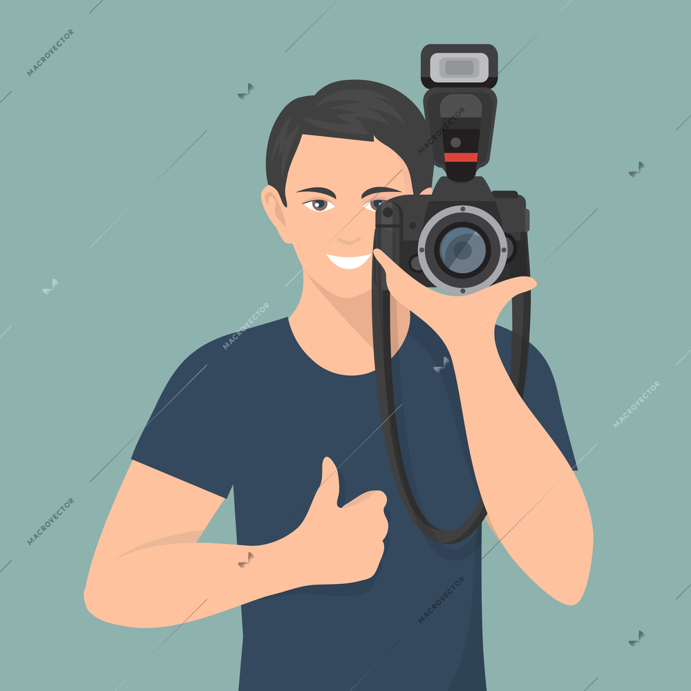 Smiling male photographer with professional photo camera flat vector illustration
