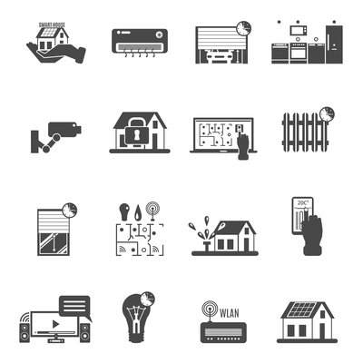 Smart house black white icons set with video control electricity and climate control symbols flat isolated vector illustration