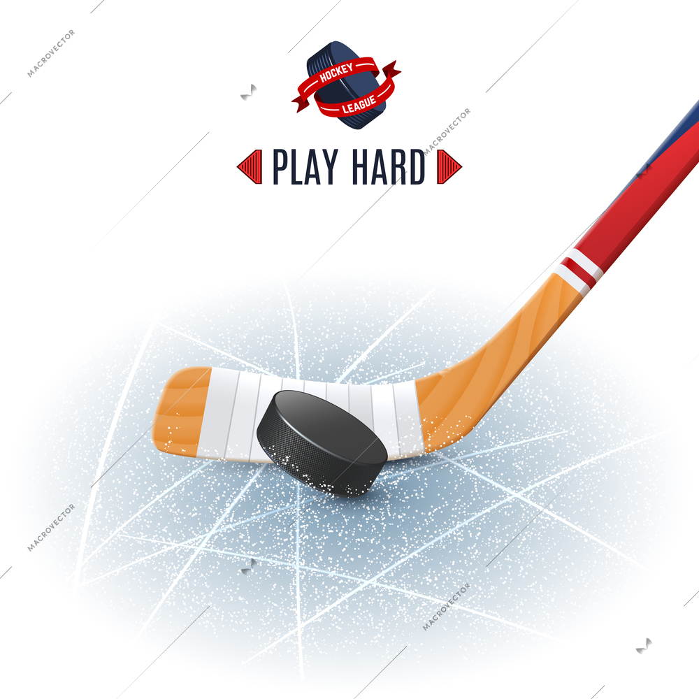 Ice hockey sport poster with wooden stick and puck realistic vector illustration
