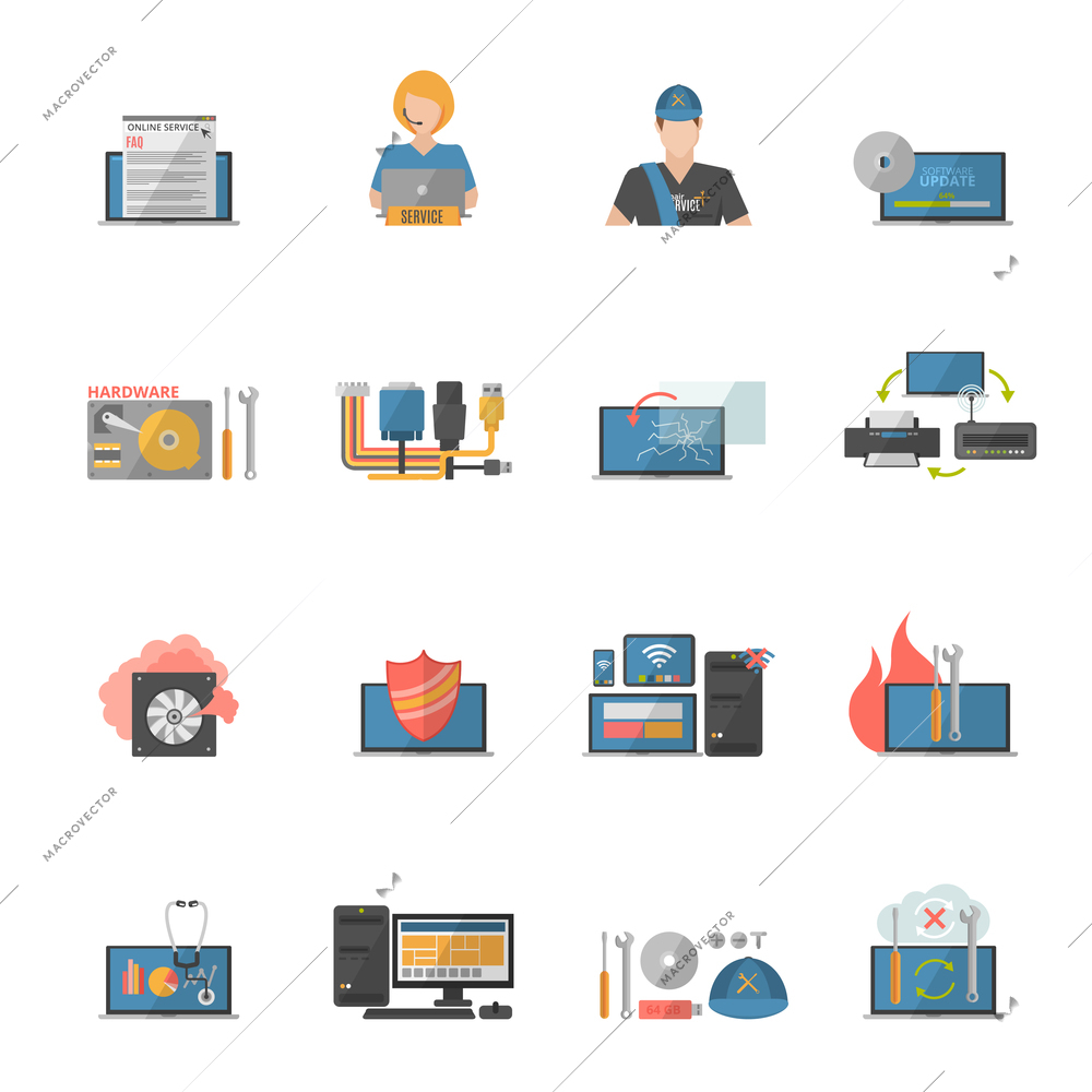 Computer repair icons set with hardware and software problems symbols flat isolated vector illustration