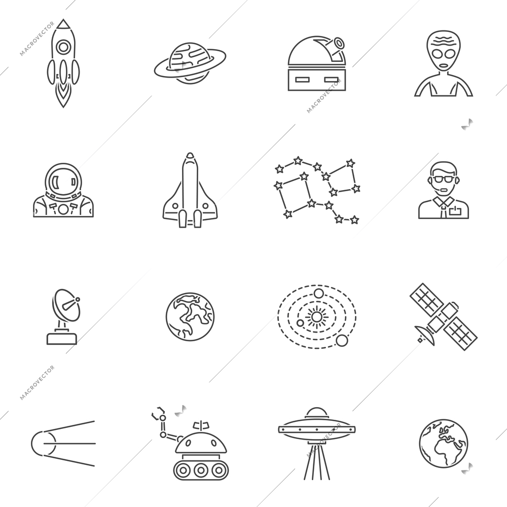 Space icon outline set with rocket launch and lunar station isolated vector illustration