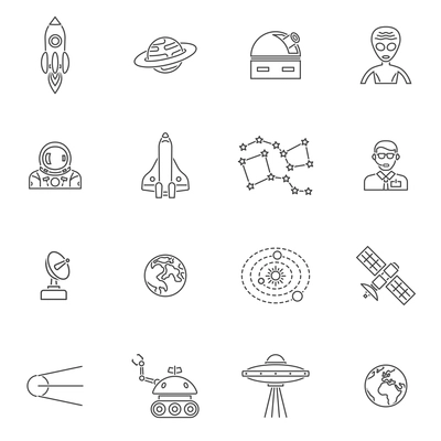 Space icon outline set with rocket launch and lunar station isolated vector illustration