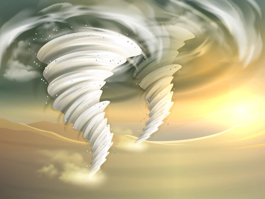 Two realistic tornado swirls with sun and clouds on background vector illustration