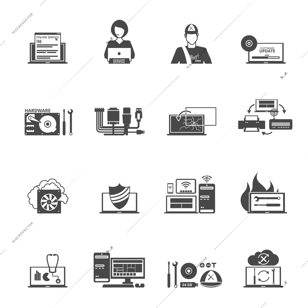 Computer service black white icons set with technical support and settings symbols flat isolated vector illustration
