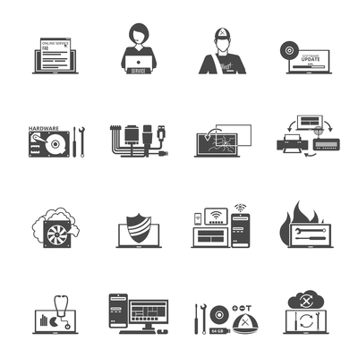 Computer service black white icons set with technical support and settings symbols flat isolated vector illustration