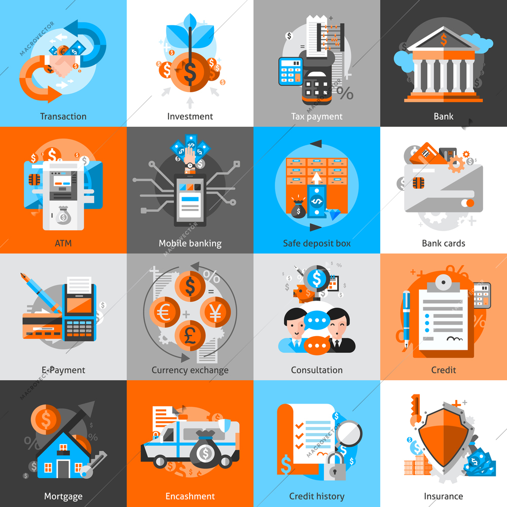 Banking icons set with investment atm credit mortgage isolated vector illustration