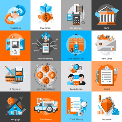 Banking icons set with investment atm credit mortgage isolated vector illustration