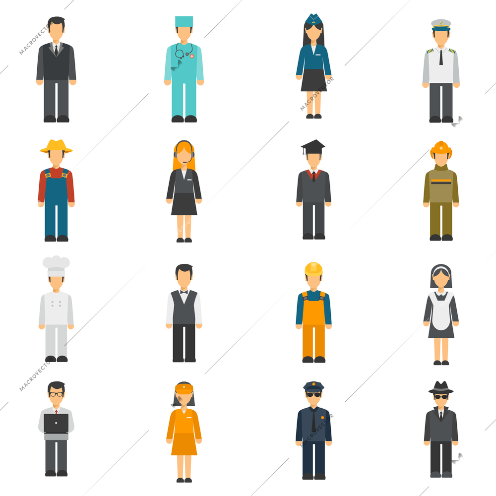 Profession flat avatars set with full length cook detective doctor portraits isolated vector illustration