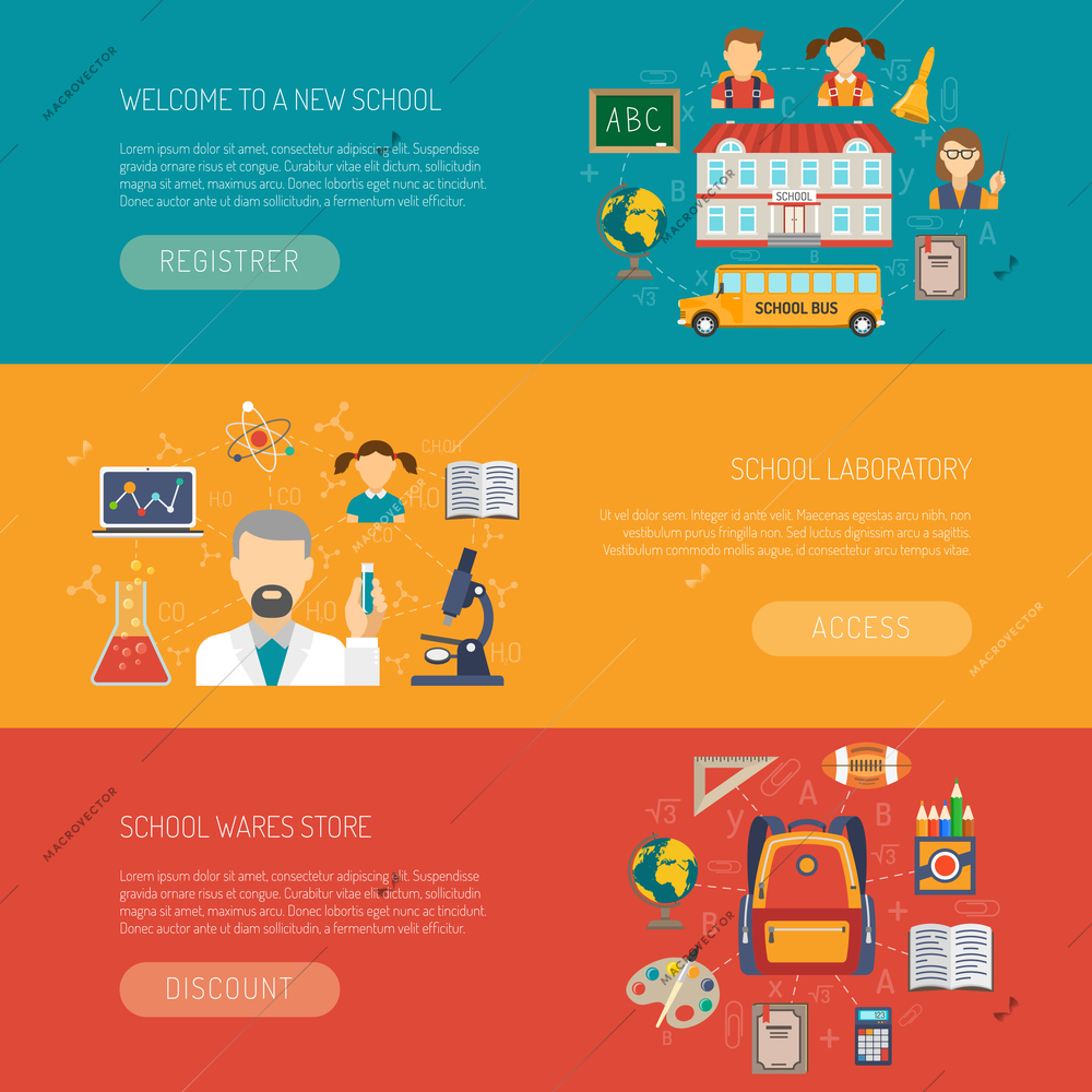 Education banner horizontal set with flat school elements isolated vector illustration