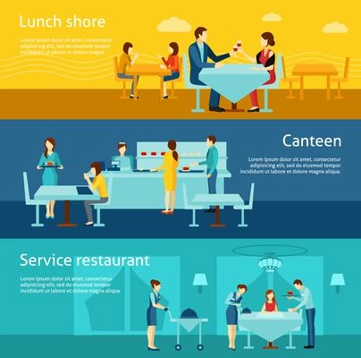 Catering restaurant and canteen freshly cooked warm meals service  3 flat horizontal banners set abstract vector illustration