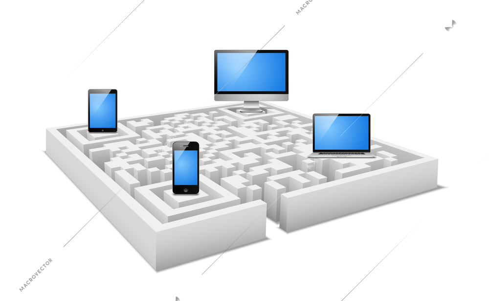 Concept of electronic devices in digital labyrinth vector illustration
