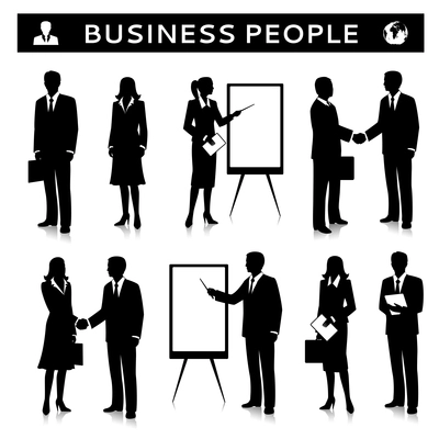 Flipcharts with business people silhouettes talking handshaking and collaborating vector illustration