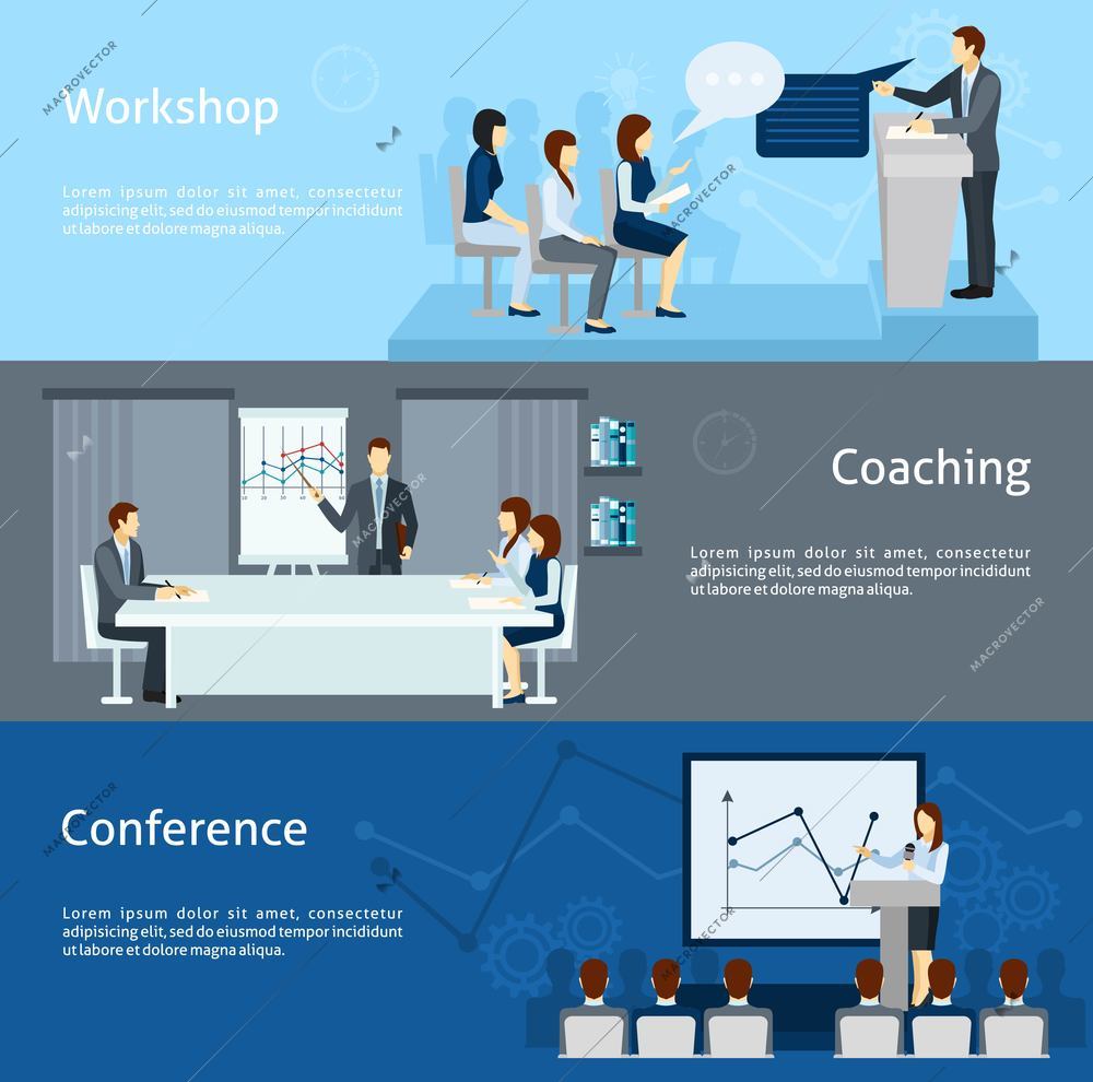 Public speaking skills improving coaching workshop and conference 3 flat horizontal banners set abstract isolated vector illustration