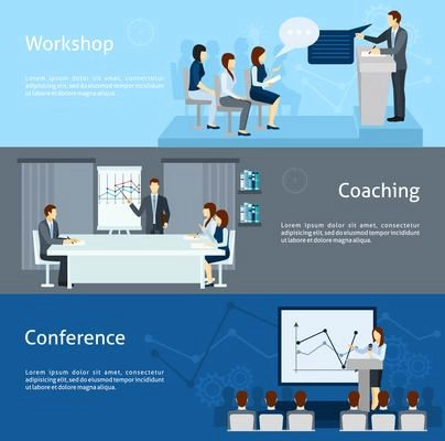 Public speaking skills improving coaching workshop and conference 3 flat horizontal banners set abstract isolated vector illustration