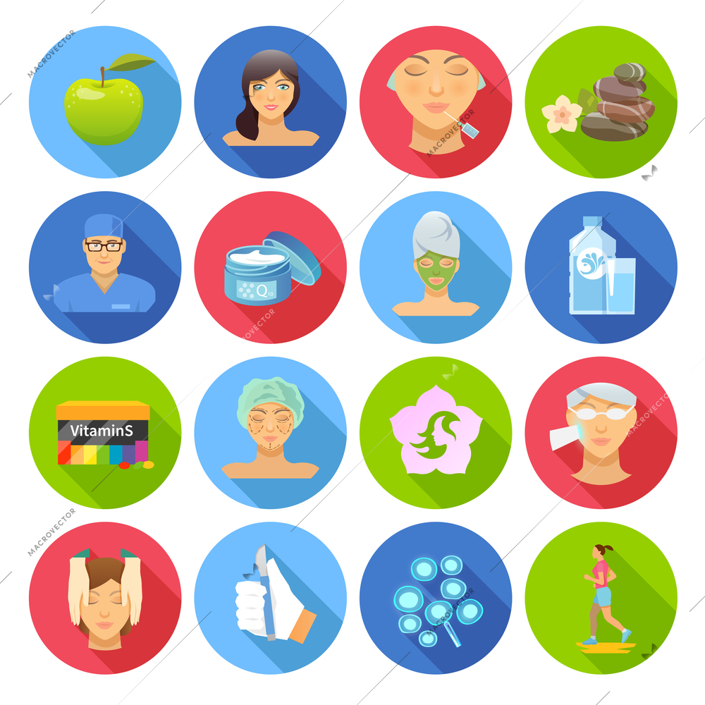 Rejuvenation flat icons set with plastic surgery and skincare symbols isolated vector illustration