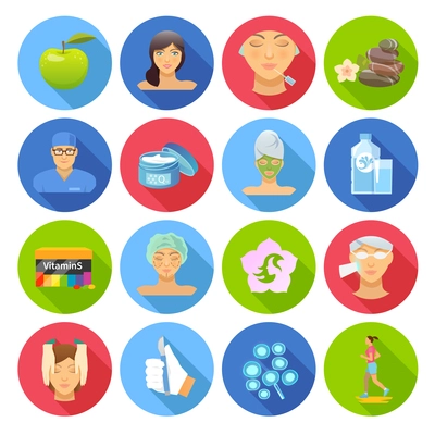 Rejuvenation flat icons set with plastic surgery and skincare symbols isolated vector illustration