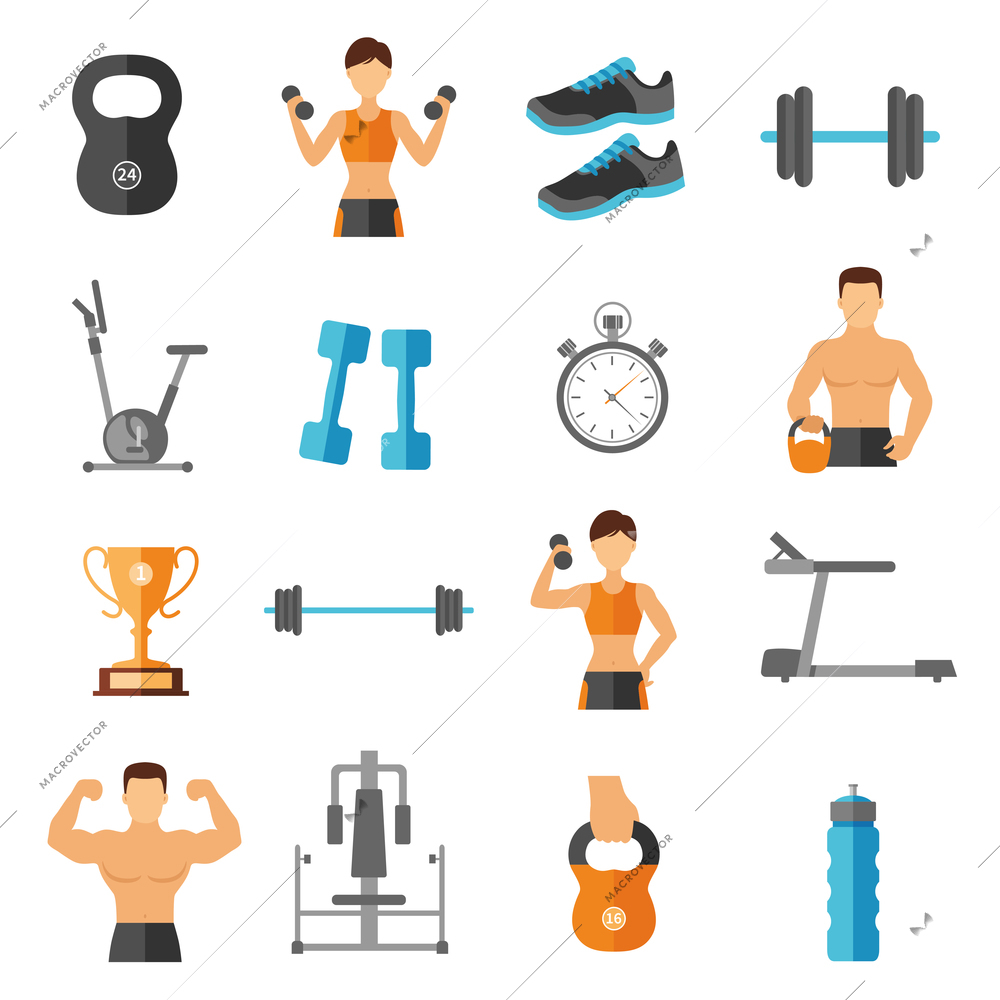 Fitness flat style icons set with sportsmen athletes equipment and gear isolated vector illustration