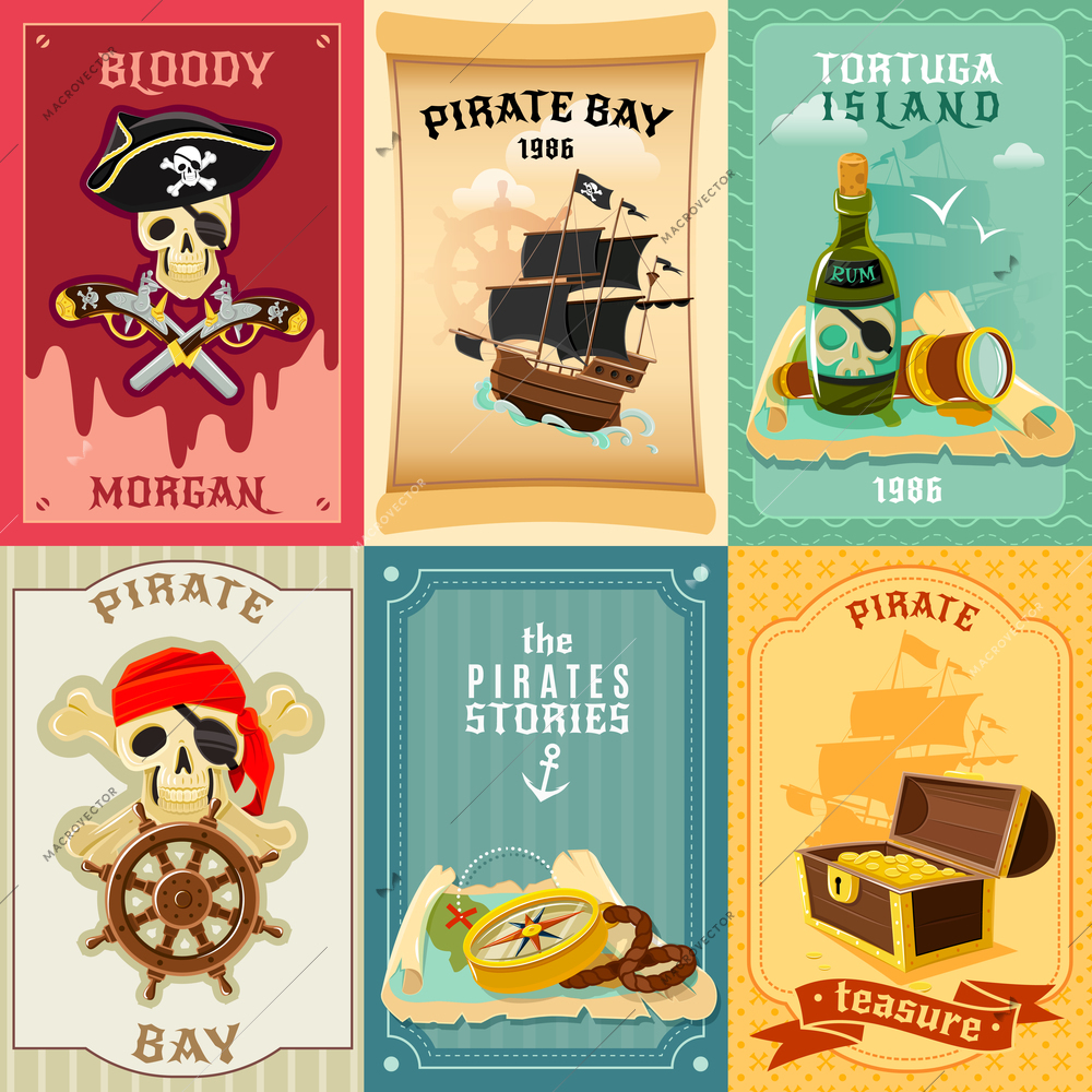 Vintage style children pirate stories 6 flat banners composition poster with treasure chest abstract isolated vector illustration