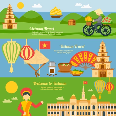 Vietnam horizontal banner set with flat travel elements isolated vector illustration