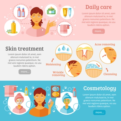 Skin cosmetology horizontal banners set with daily care and treatment symbols flat isolated vector illustration