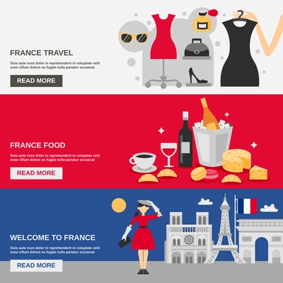 France horizontal banner set with food shopping and travel symbols isolated vector illustration