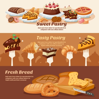 Pastry horizontal banner set with sweets and bread elements isolated vector illustration