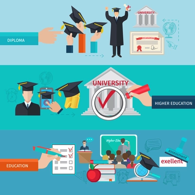 Higher education horizontal banner set with college and university flat elements isolated vector illustration