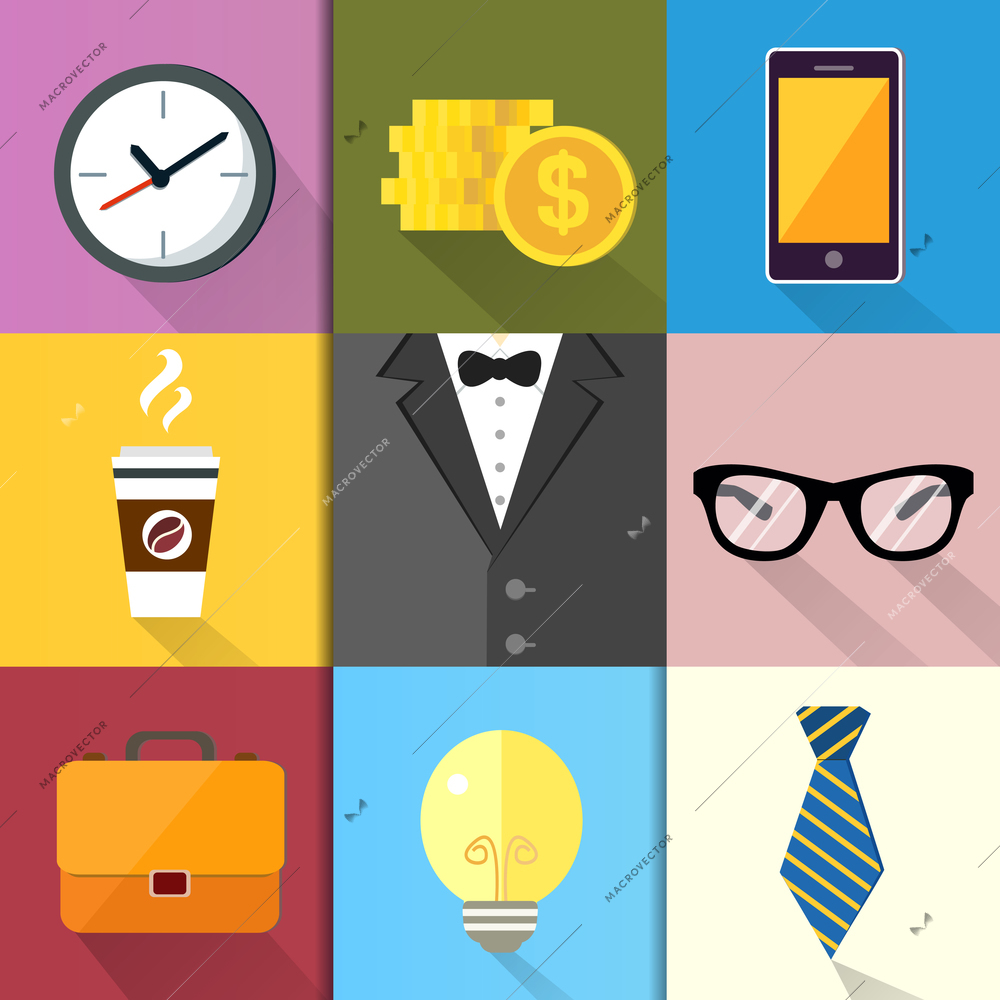 Business suits, Icons set of coffee glasses lightbulb coins and mobile phone vector illustration