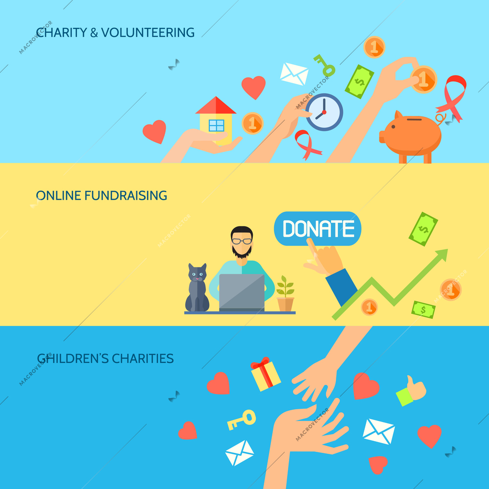 Giving hands charities online fund raising for children 3 horizontal flat banners homepage abstract isolated vector illustration