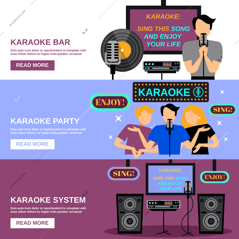 Karaoke horizontal banner set with singing party flat elements isolated vector illustration